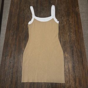Lulus Ribbed Bodycon Tank Dress in Tan & White – Size M